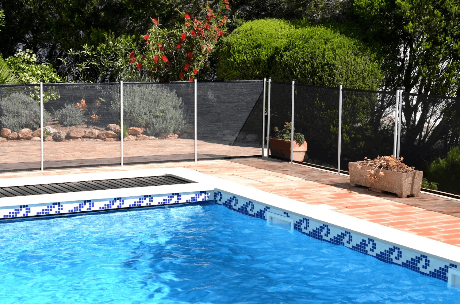 Removable glass-panel pool fence around a landscaped backyard pool